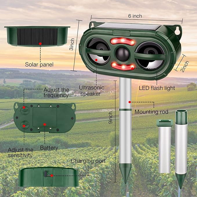 Ultrasonic Animal Repeller,Solar Pest Animal Repellent Outdoor,Cat Repellent Outdoor,Dog Repellent with Motion Sensor & Flashing Light,Deer Repellent Devices for Repelling Cat,Rabbit,Deer,Fox