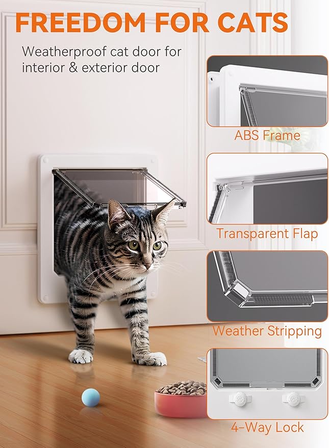 LIBBEPET Cat Door Interior Door, Indoor Cat Doors, Large Pet Doors for Cats Up to 18 lbs(Frame Size 9.3" x 10.6"), Upgraded 4 Way Locking Kitty Door for Interior & Exterior Doors, Easy to Install