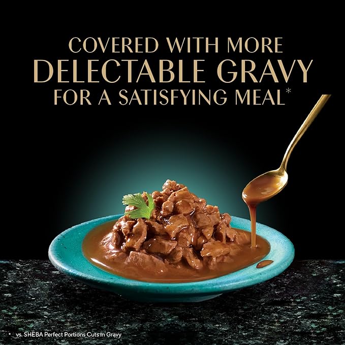 Sheba Gravy Indulgence Adult Wet Cat Food, Wet Food for Cats Beef Entree in Extra Gravy, 2.6 oz. Twin-Pack Trays (24 Count, 48 Servings)