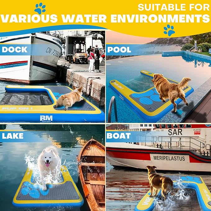 Beyond Marina Dog Pool Ramp, PUP ON! Inflatable Dog Water & Boat Ramp for Lake & Dock, Floating Pontoon Dock Ladder with Non-Slip EVA Platform, Extra Large 4 ft x 3.3 ft, Blue/Yellow, Supports 200 lbs