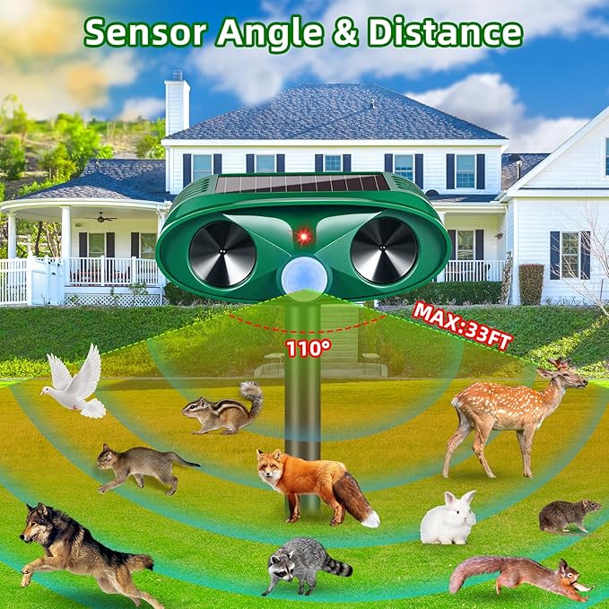 2026 Upgraded Solar Ultrasonic Animal Repellent Outdoor Deer Repellent Devices IP65 Waterproof Repeller with Motion Detection Coyote Light for Cat Rabbit Racoon Squirrel Dog Skunk Rodent,4 Pack