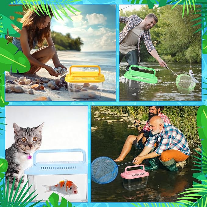 24 Pcs Plastic Fish Bowls with Ventilated Lids and Fishing Nets Bulk Set Include 12 Fish Bowl with Handle and 12 Fishing Nets for Collecting Fishes Crabs Sea Creatures for Summer Beach Party Favors