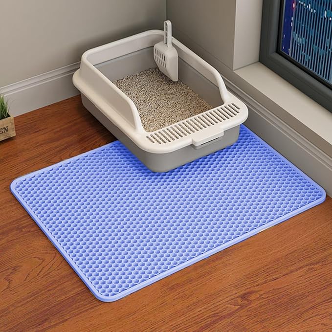 HCY&WLD Cat Litter Mat, Honeycomb Double Layer Cat Litter Trapping Mat, Waterproof Urine Proof Non-Slip, Scatter Control, Less Waste, Easier to Clean (Blue, 24" X 18")