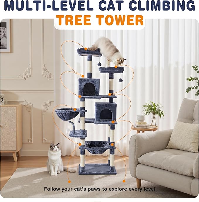 Sweetcrispy 71 inch Cat Tree Tower, Large Multi Level Cat Climbing Tower with Condo, Natural Sisal Scratching Posts, Platform, Hammock, Basket, Tall Pet Tree House for Indoor Cats Play, Dark Blue