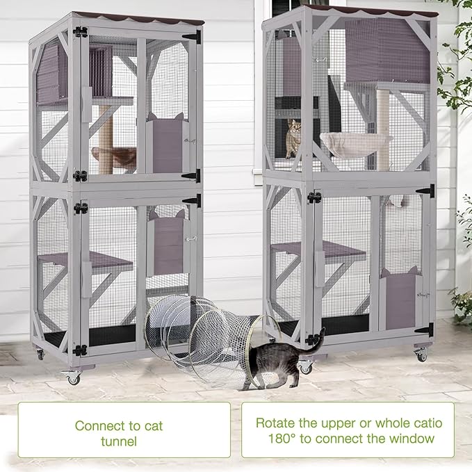 GUTINNEEN Catio Outdoor Cat Enclosure Mobile Cat House Indoor On Wheels with Scratch Post, Hammock, Resting Box, Platform, Tarp Roof 62.8", Grey
