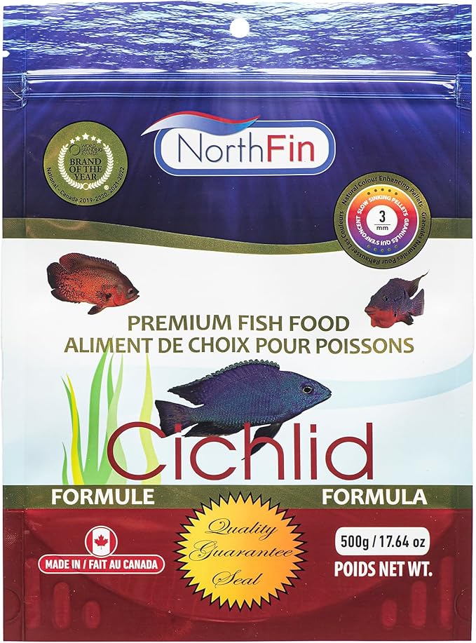 Northfin Cichlid Formula Fish Food – Slow Sinking Pellets for Cichlids (3mm, 500g) | Premium High-Protein, All-Natural Cichlid Diet to Enhance Color & Growth – No Fillers, No Hormones, Made in Canada