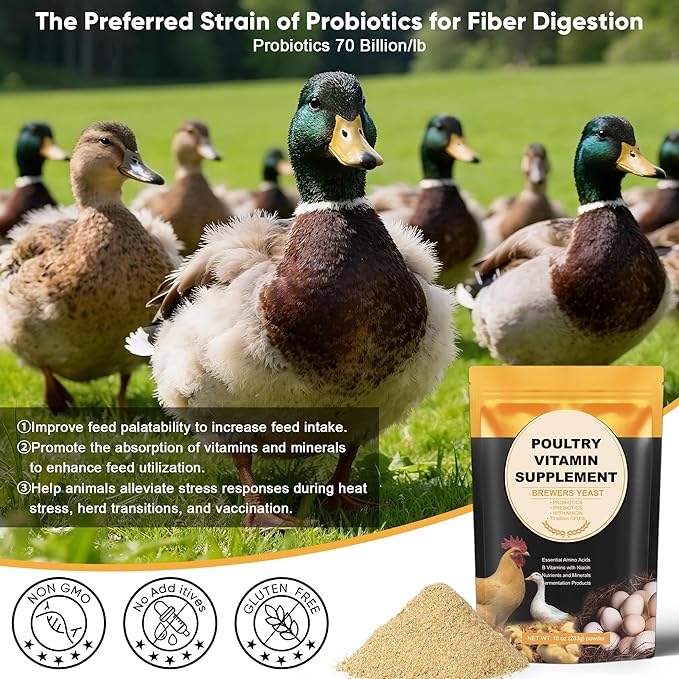 Brewer's Yeast + Probiotics + Niacin + Vitamins Supplement for Ducks Chickens and Poultry, 7Pack Niacin for Ducks Chickens, Poultry Vitamins Supplement, Brewers Yeast Powder for Chicken
