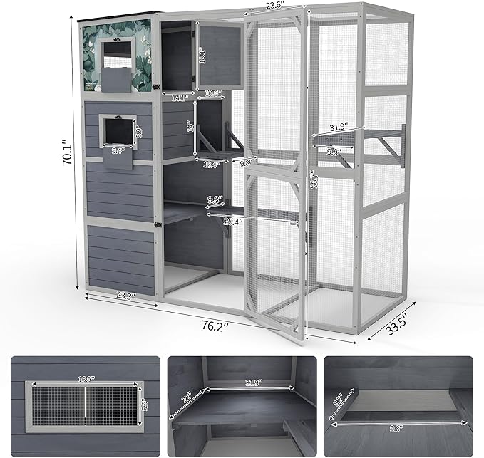 Outdoor Cat Enclosure, 4-Tier Large Cat Catio with Weatherproof Roof, 2 Resting Rooms, 2 Platforms, Walk in Cat Cage Cat House Indoor, Grey, w/Painted Panel