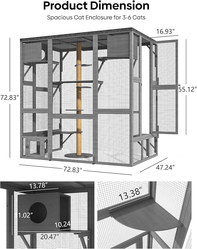 Catio Outdoor Cat Enclosure, Walk-in Large Catio with Window Access, Wall-Mounted Window Catio for Multiple Cats with Cat House, Waterproof Cover & Sunshine Roof, Grey