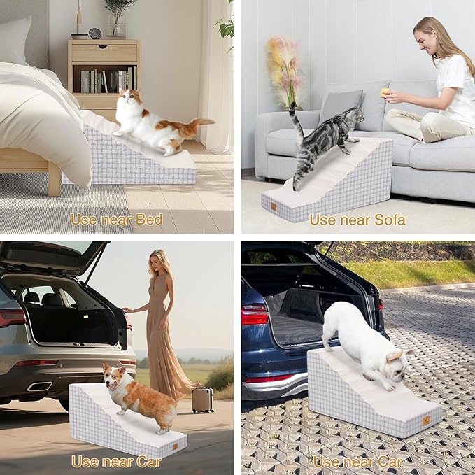 Pets Ramp for High Beds, Small Dogs & Senior Cats - Non-Slip Texture & Machine Washable Cover - Supportive Foam for Joint Comfort, Easy Climb for Couch, Sofa, Furniture (Beige)