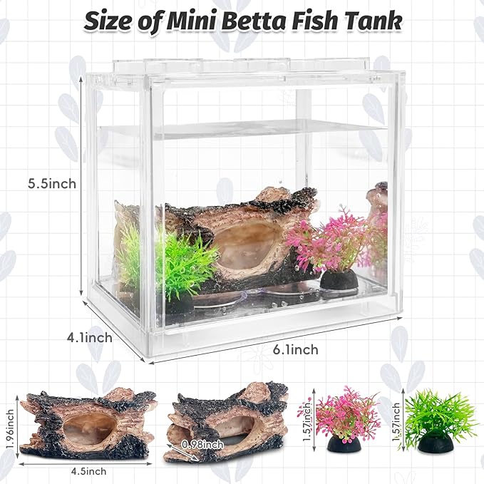 PINVNBY Mini Betta Fish Tank Kit Stackable Small Aquarium Kit 0.6 Gallon Fighting Fish Tank Set with 2Pcs Artificial Plants and Decorations Cave for Small Fish Shrimp Crab Snails Turtle as Decoration