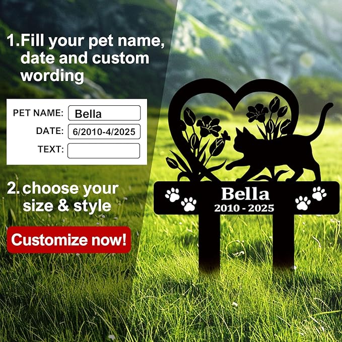 Pet Grave Markers Dog,Metal Pet Headstone for Lost Dog Sympathy Gift,Waterproof Dog Grave Markers for Garden or Indoor,Dog Tombstone Garden Memorial Graves (cat)