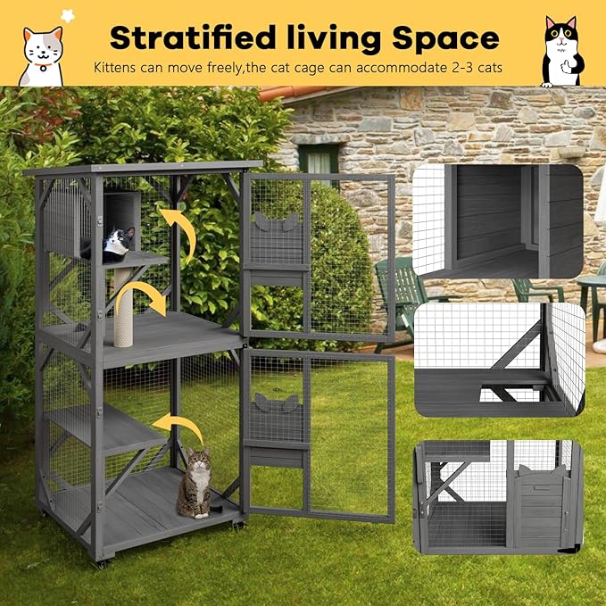 OFIKA Outdoor Catio Cat Enclosure with Waterproof Roof,Platforms,Upgraded Resting Box, 70.4’’cat Houses & Condos on Wheels for Outdoor Patio,Cat Window Box,Scratching Post（Grey0）