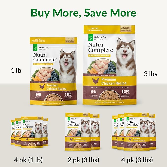 ULTIMATE PET NUTRITION Nutra Complete, 100% Freeze Dried Veterinarian Formulated Raw Dog Food with Antioxidants Prebiotics and Amino Acids, (1 Pound (Pack of 4), Chicken)