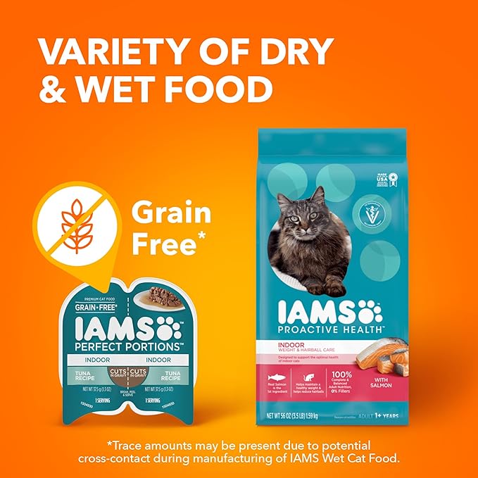 IAMS Perfect Portions Grain Free Wet Cat Food, Indoor Adult Cat Food Wet Cuts in Gravy, Variety Pack: Tuna & Salmon Recipe, 1.98 lb. (Pack of 1) Twin-Pack Trays
