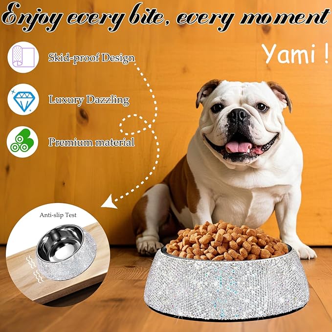 SlowVibes Bling Stainless Steel Dog Bowls,12oz Detachable Rhinestone Metal Food Water Bowl for Feeding Dogs Cats,Rust Resistant Non-Slip Puppy Dish,Sparkle Essentials for Small Medium Large Girl Pets