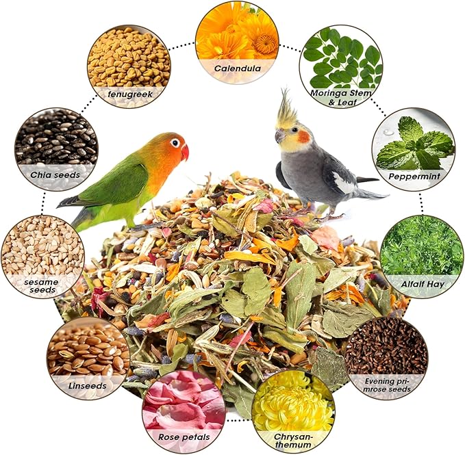 Abizoo Cockatiel & Conure Bird Foods Treats Seed Supplement for Love Birds Quaker Parrot Parakeets Digestive Health & Feather Support with Chia Flax Seeds Calendula Natural Comida para Pajaritos
