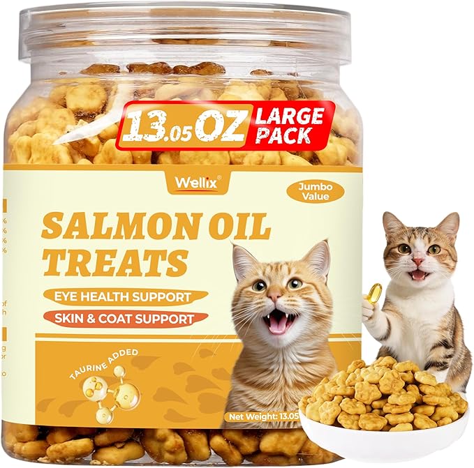 Wellix 13.05oz Salmon Oil for Cat Treats - Omega-3 for Skin and Coats Supports - Taurine, Vitamins Treats for Indoor Cats - Healthy Crunchy Kitten Snacks for Training,Food Toppers