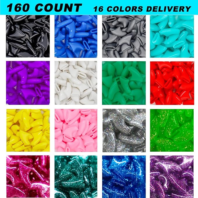 VICTHY 160pcs(16 Colors) Cat Nail Caps Cat Claw Caps Cat Nail Covers with Adhesives and Applicators (Extra Small)