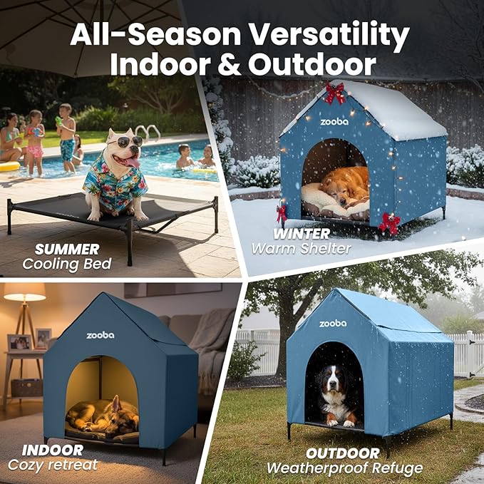 29" 2-in-1 Dog House for Medium Dogs, Elevted Dog House Outdoor/Indoor, Weatherproof Elevated Pet Shelter, Breathable Mesh & Steel Frame, Easy to Assemble & Clean(Blue)