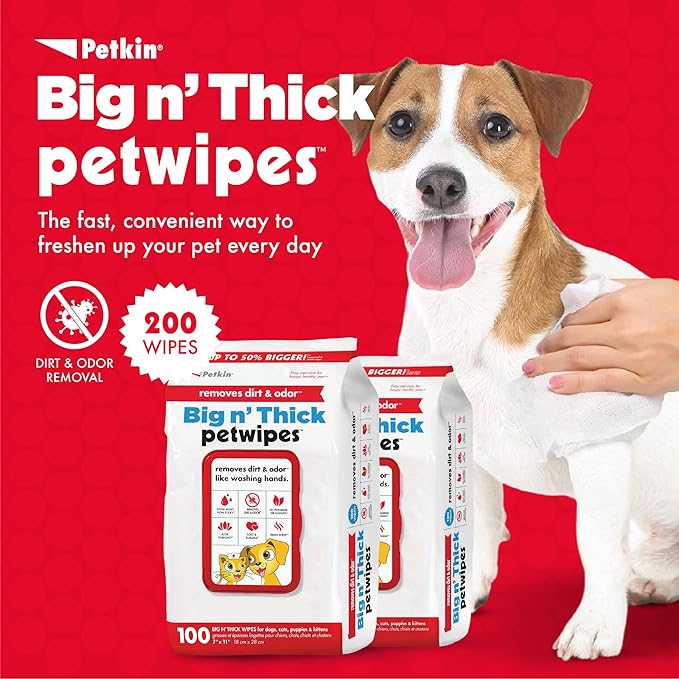 Petkin Pet Wipes for Dogs & Cats - 200 Large Wipes - Removes Dirt & Odor - Cleans Ears, Face, Butt, Eye Area - Convenient for Home or Travel - 2 Packs