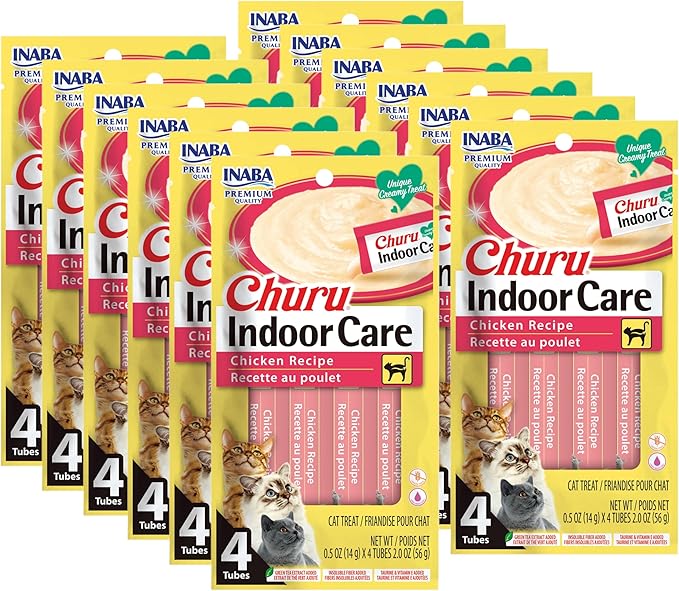 INABA Churu for Cats, Functional, Creamy Lickable Purée Cat Treat for Indoor Care and Hairball Control with Taurine & Vitamin E, 0.5 Ounces Each, 48 Tubes (4 per Pack), Chicken Recipe