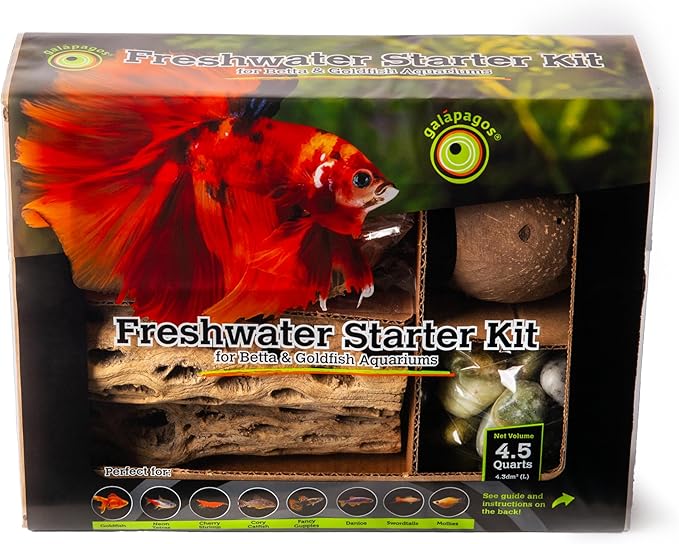 Galápagos (05356) Freshwater Starter Kit - Natural Aquarium Accessories with Cholla Wood, Catappa Leaves, Coconut Hut & More, Ideal for Betta, Goldfish & Live Freshwater Fish, 4.5 Quarts