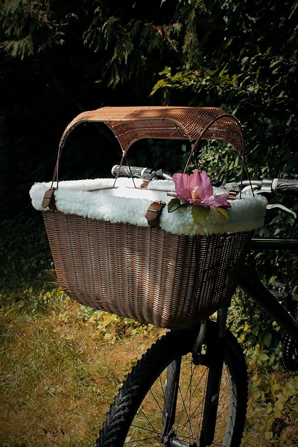 Bicycle Basket for Small Dogs and Cats - Bike Basket Includes Wired Cage Top with Sun Shade, Plush Removable Padded Liner, and Bicycle Bell