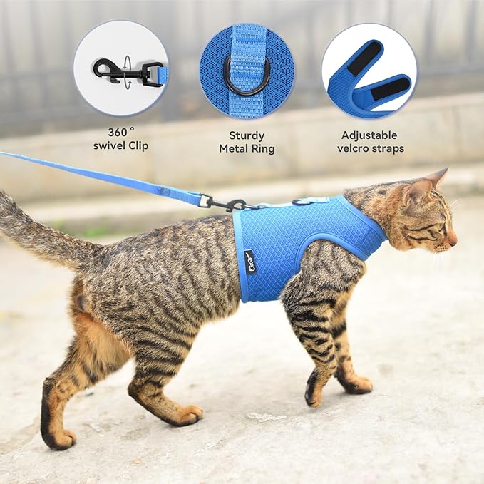 Cat Harness and Leash for Walking Escape Proof Breathable Mesh Fabric, Solid Blue, Extra Large, Adjustable Cat Walking Jackets, Padded Stylish Cat Vest