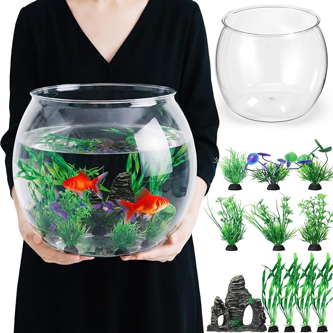 Lounsweer 12 Pcs 5 Gallon Large Fish Tank Plastic Fish Bowl Shatterproof with Aquarium Decor Artificial Plastic Plant and Rock Cave Goldfish Betta Tank Decor for Terrarium Flower Vase Centerpiece Gift