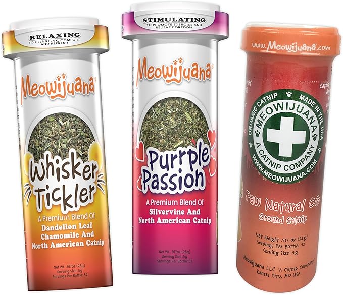 Meowijuana Purr-Effect Trio Pack | Purrple Passion, Whisker Tickler and Paw Natural OG Catnip Blends | Large Bottle High Potency Blends | Premium Hand Harvested North American Catnip