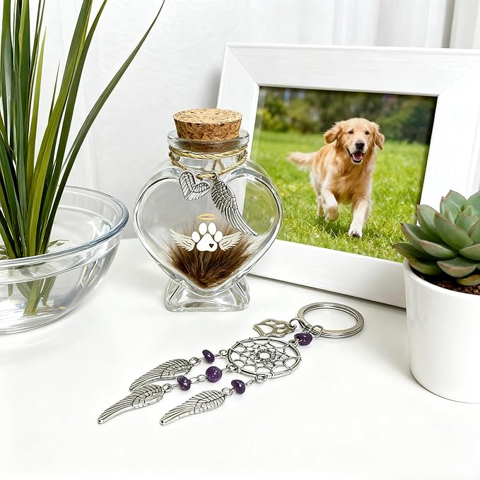 Loss of Dog Cat Pet Sympathy Gift, Memorial Bottle for Pet Hair, Pet Fur Keepsake, Memorial Urn, Pet Memorial Dream Catcher Keychain and Dog Hair Keepsake, Dog Memory Memorial Keepsake (Dreamcatcher)
