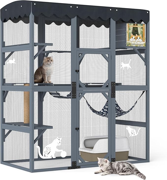 COZIWOW 72Inches Large Wood Catio Outdoor Cat Enclosure with Waterproof Roof, Multi-Level Cat House for 2-3 Cats, Spacious Perches, Hammock, and Scratching Post（Grey Fashion Pattern）