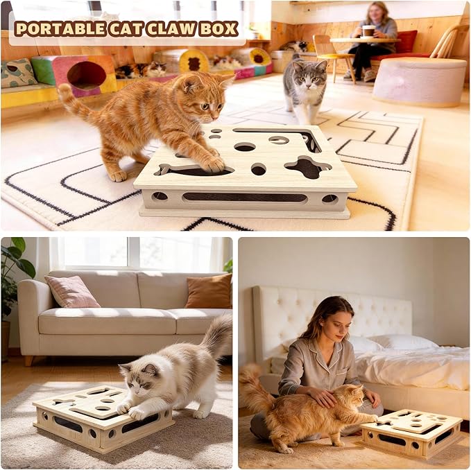 Cat Scratch Puzzle Enrichment Box, Large Solid Wood Construction Cat Nail File Enrichment Box with Sandpaper Inside, Cat Nail File Box Stress Free Alternative to Clippers and Grinders(No Bell Ball)