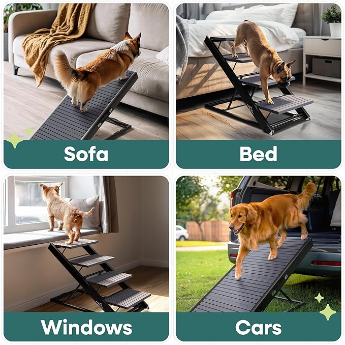 2-in-1 Metal Dog Ramp/Stairs, Dog Ramp for Bed, Couch and Car, Nonslip Carpet, Wheels, up to 250lbs, Outdoor Indoor, (40" Lx17 W) 19" to 25" Adjustable Height, for Small Medium Large Pets