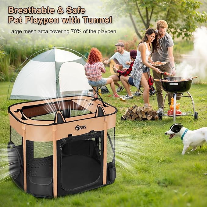Ownpets Portable Cat Playpen with Removable Tunnel, Foldable Puppy Play Pen, Indoor Outdoor Cat Enclosure Pet Tent for Cats, Dogs and Small Pets