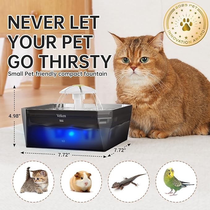 Veken Award-Winning Small Pet-Friendly Cat Water Fountain with Stainless Steel Lid & Quiet Pump, Easy to Clean & Assemble, 50oz Mini Water Dispenser Gifts for Cats and Small Animals, Silver