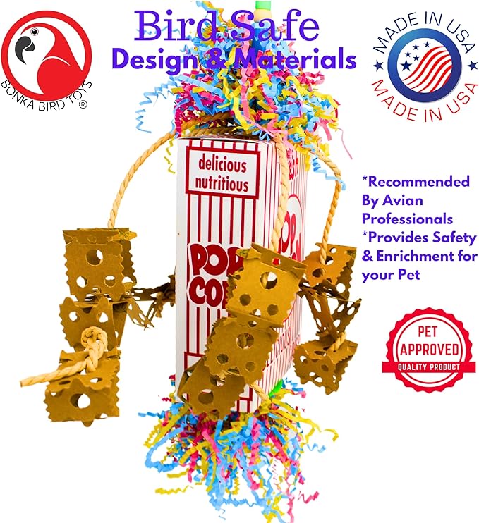 Bonka Bird Toys 2318 Popcorn Explosion 15" High by 5" Wide Medium Large Parrot Chew Bird Toy, Amazons, Conure, African Greys, and Other Similar Birds