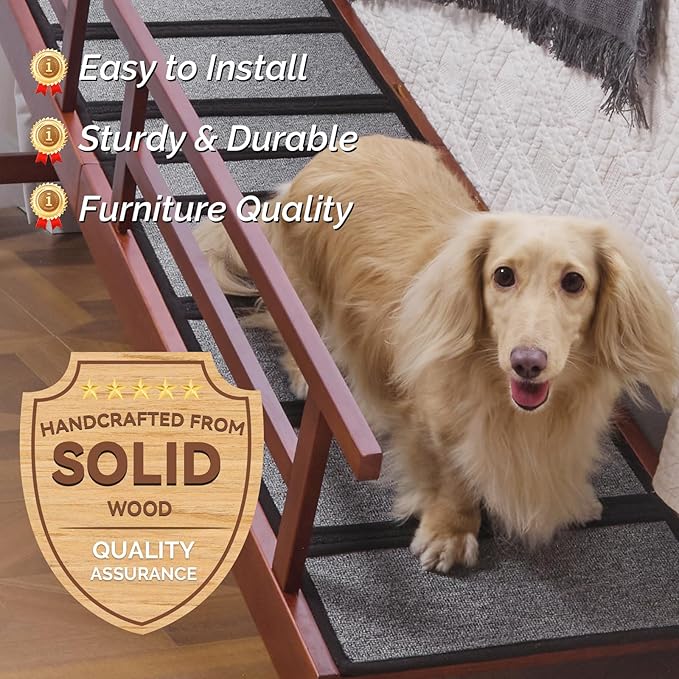 Dog Ramp for Bed or Couch, Wooden Pet Ramp with 20° Gentle Slope, Removable Side Rails, Non-Slip Surface, Top Platform & Wheels, Safe Bed Ramp for Small, Large & Senior Dogs, 74" Long, Mahogany