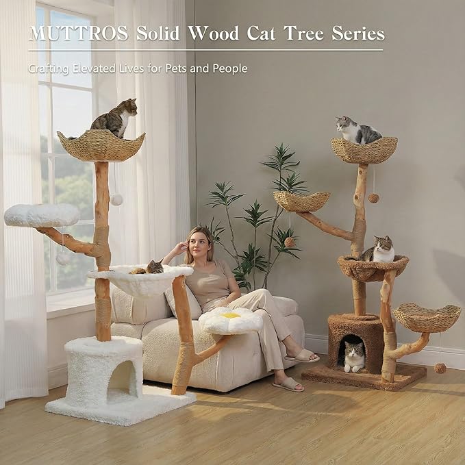 59" Modern Cat Tree Tower for Large Cats w/2 Flower Perches-Natural Solid Wood Scratching Post with Real Branch-Luxury Boho Cat Furniture w/Condo & Wicker Basket Bed, Cloud White