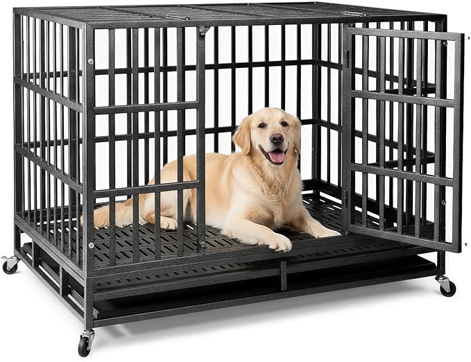 48 Inch Heavy Duty Indestructible Dog Crate, XL Steel Escape-Proof Kennel for Large Dogs, Double Door Design with 4 Locking Wheels & Reinforced Baseplate, Ideal for High-Anxiety Dogs