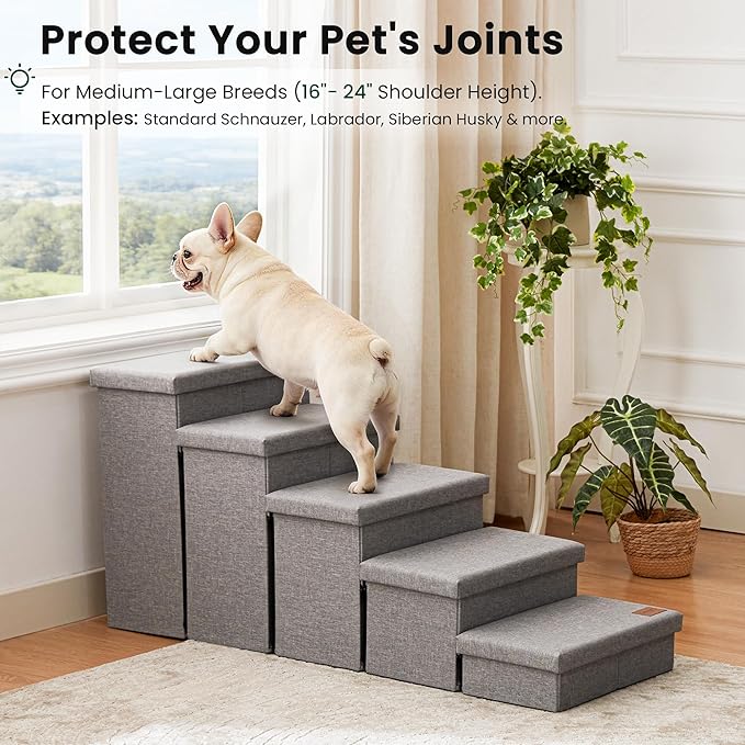 Love's cabin Dog Stairs for High Bed 22" H, Foldable Pet Stairs for Small Medium or Large Dogs Puppy with Storage for Bed or Couch, Cat Dog Steps Ramp with Zip up to 200 lbs, Solid Grey, 5 Steps