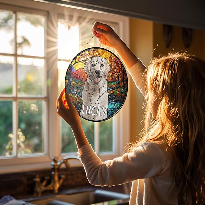 Lovely POD Personalized Pet Stained Glass Suncatcher, Custom Name Pet Photo Memorial Ornament Window Hanging, Remembrance Sympathy Gift for Loss of Pet Dog Cat, Bereavement Keepsake
