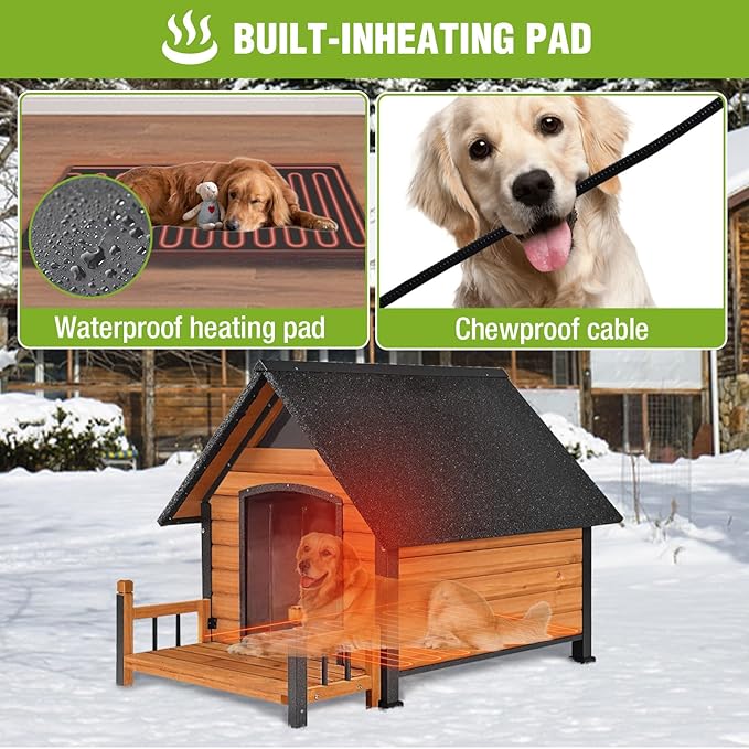 GUTINNEEN Outdoor Heated Dog House Anti-Bite Weatherproof Dog Kennel Puppy Shelter Indoor with Heating Pad, All-Around Insulated Liner and Porch for Large Breed, 45" D x 32.9" W x 32.6" H (Brown)