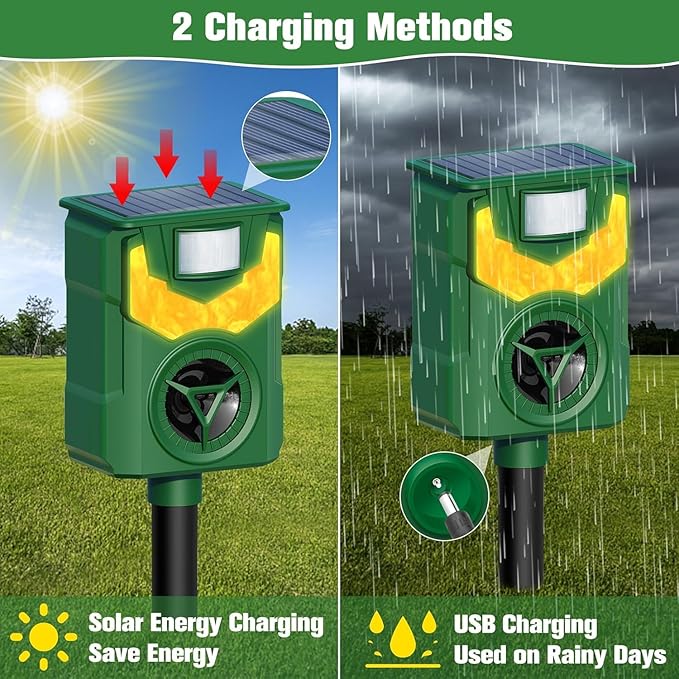 Solar Animal Repeller Outdoor,2025 Upgrade Ultrasonic Animal Repeller,Cat Repellent Outdoor,Squirrel Repellent with Motion Sensor & Flame Light,Waterproof Raccoon Repellent Devices,Repel,Deer,Rabbit