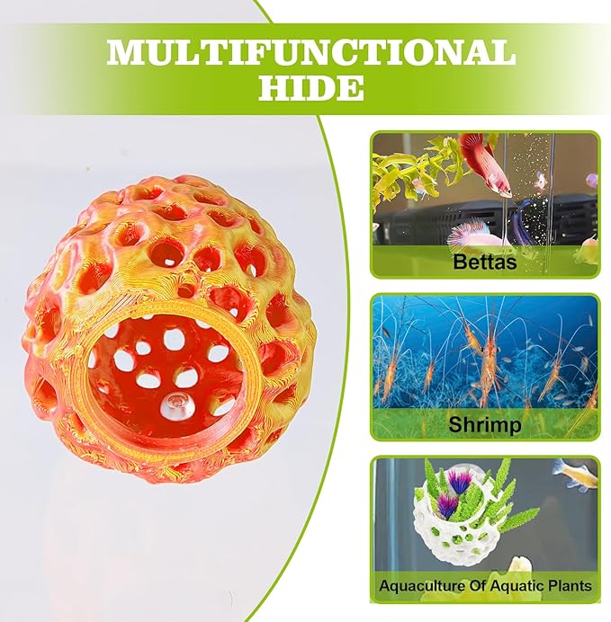 Shrimp Dome Hide, Shrimp Hides for Aquarium, Betta Fish Hideout with Suction Cup, Betta Habitat Tank Ornament Accessories, Aquarium Decor for Small Fish Guppy Hiding Resting (Lid Gold Red)