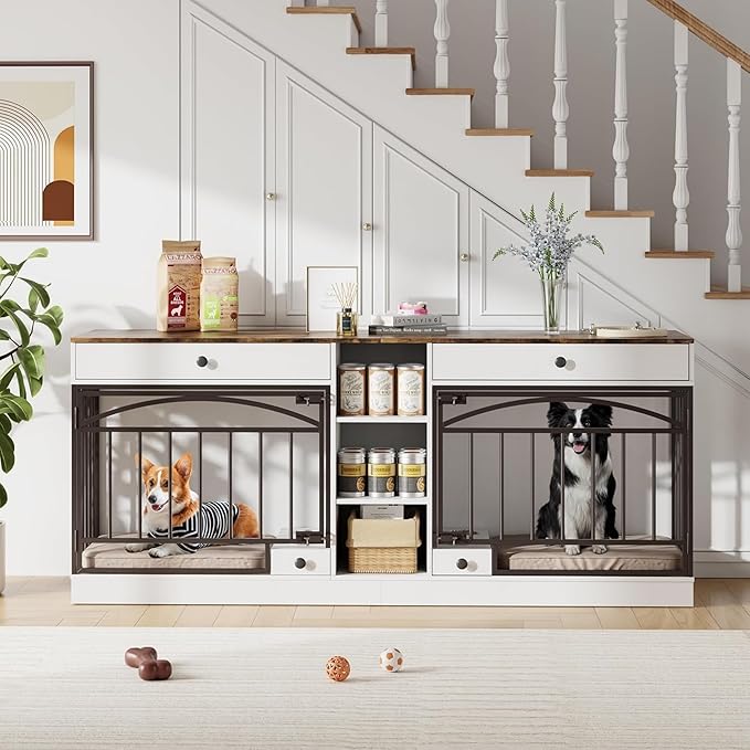 GAOMON Dog Crate Furniture for 2 Dogs, 78.7'' Large Dog Kennel Indoor with 2 Storage Drawers, 3 Shelves and Feeding Bowls, Double Dog Crate TV Stand for Small and Medium Dogs, White