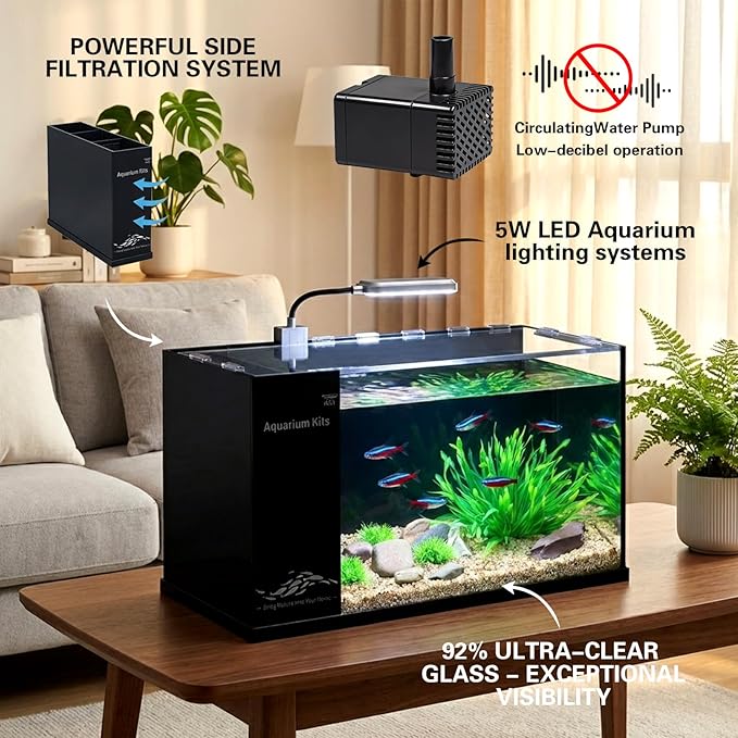 Fish Tank Kit,3 Gallon Small Aquarium,Ultra-Clear Nano Aquarium,Betta Fish Tank,Suitable for Small Fish Tank,Aquarium Starter kit,Desktop Fish Tank (Black Background)