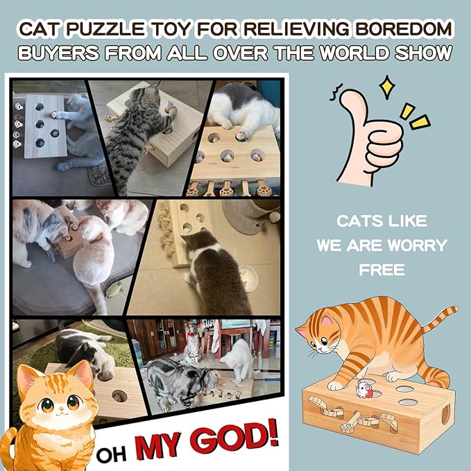 Whack a Mole Cat Toy with Pop Up Mice - Interactive Puzzle Game & Scratch Board for Indoor Cats, Mental Enrichment and Exercise, Fun Cat Puzzle Box Toy