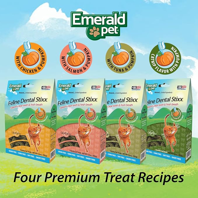 Emerald Pet Feline Dental Stixx — Tasty and Crunchy Cat Sticks with Pumpkin for Digestive Health — Natural Grain Free Treats for Clean Cat Teeth and Fresh Breath — Chicken Stixx, 3.6 oz